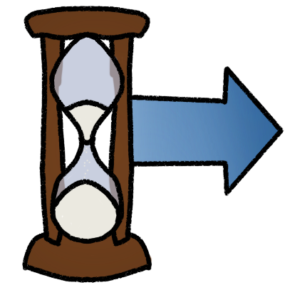 A blue arrow pointing to the right from an hourglass.